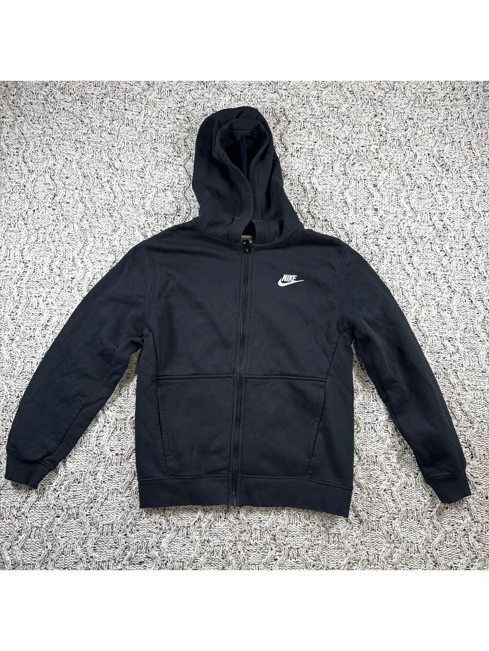 Nike Hooded Zip Up Thumb Holes Black Boys Size Large Cotton Polyester Blend